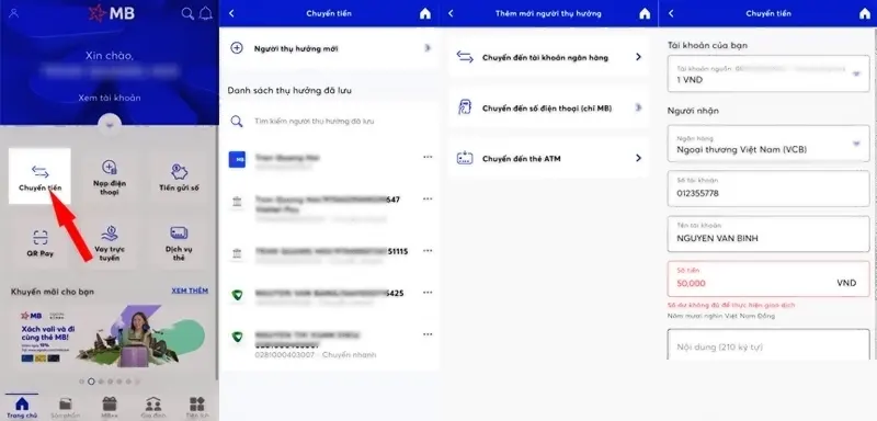Chuyển tiền đến tài khoản ngân hàng/ Số điện thoại/ Thẻ ATM