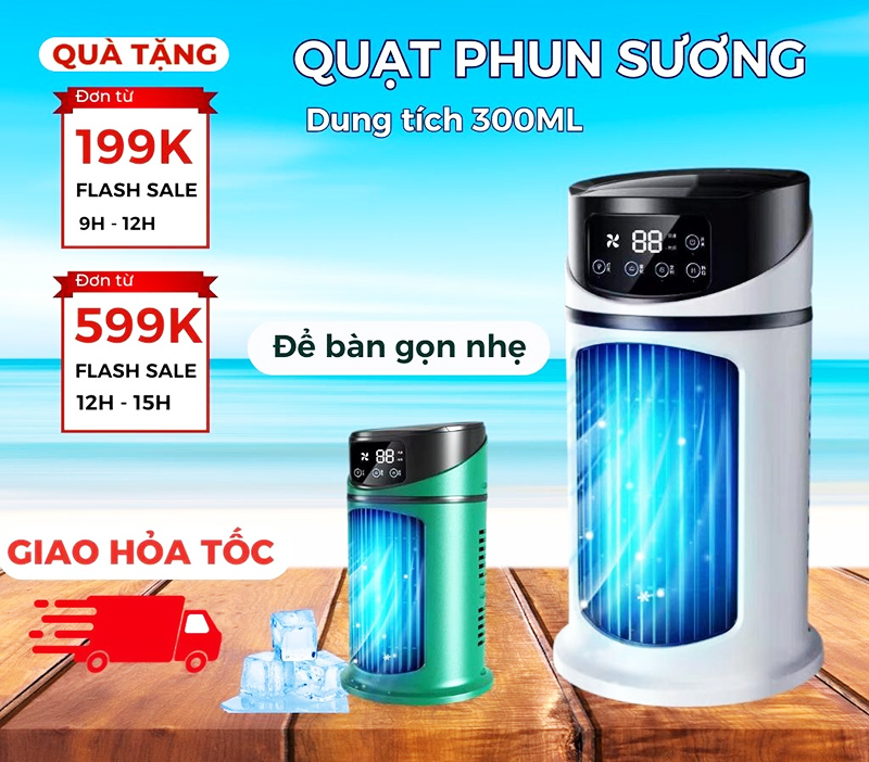 Quạt điều hoà mini hơi nước Amoi phun sương để bàn 6 cấp độ gió 300ml  hẹn giờ đèn led hình 0