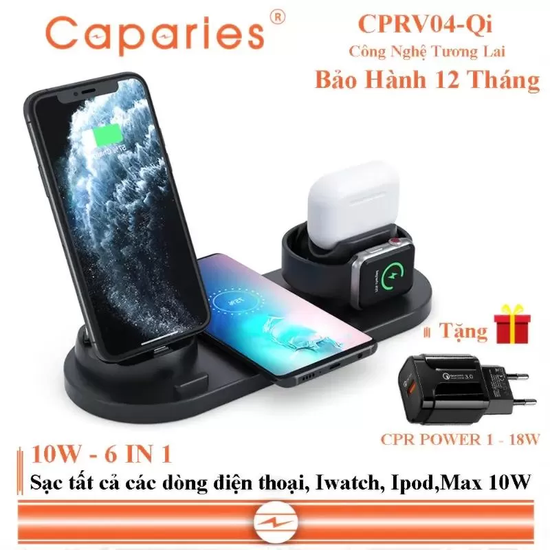 Sạc không dây 6 in 1 10W CAPARIES CPRV04-Qi Wireless Quick Charge chuẩn Qi Apple