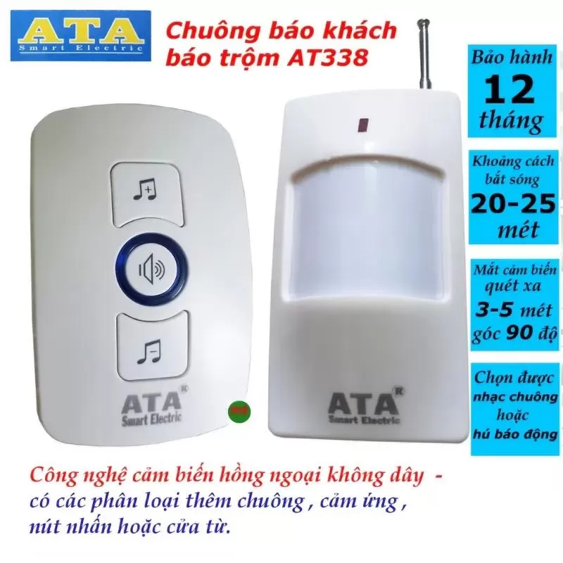 Chuông cửa không dây ATA AT-338 2 MẮT cảm ứng báo khách báo trộm đa năng